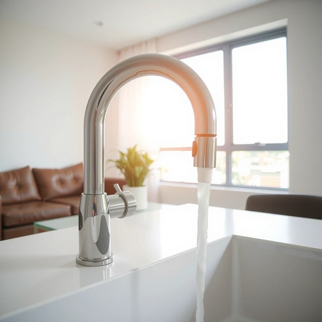 Polished chrome faucet reflecting light